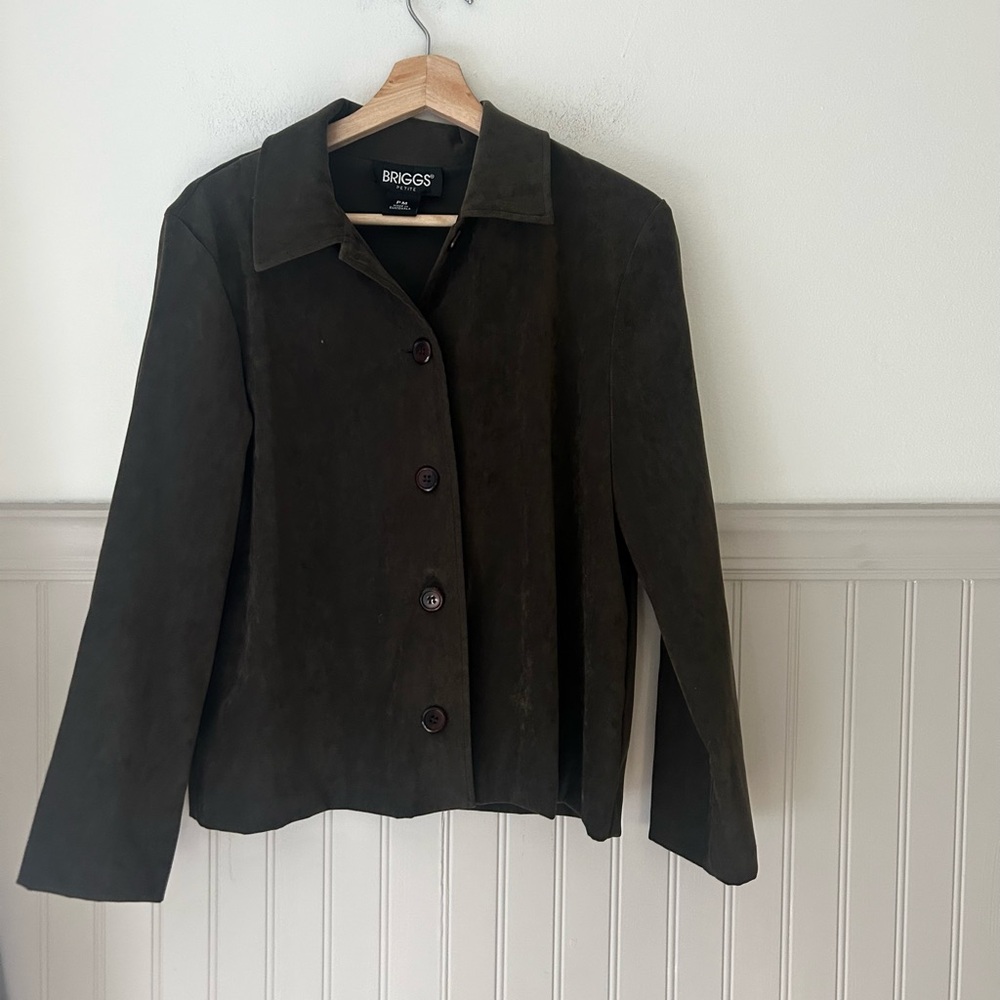Vintage Faux Suede Briggs Medium Petite Dark Green Padded Shoulder Blazer